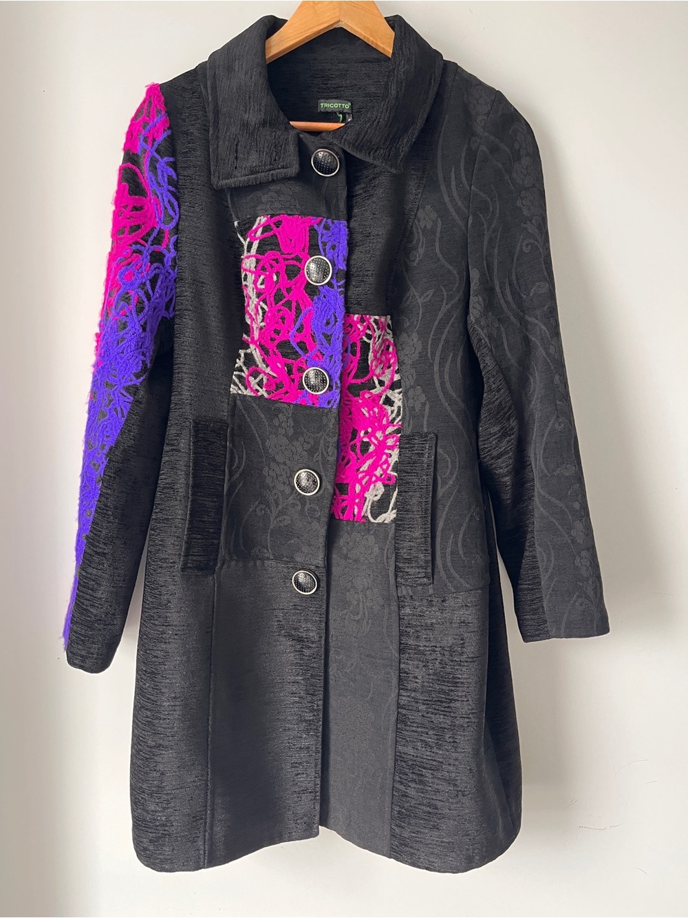 Black Statement Coat | Textured Brocade w/Colour Pop Accents | Sz S